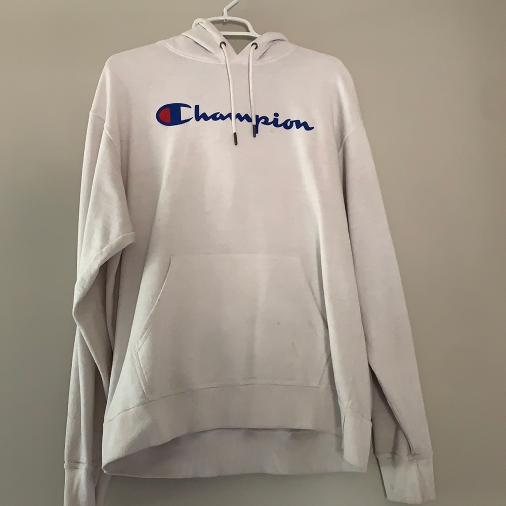 White Champion hoodie (XL fits L)
